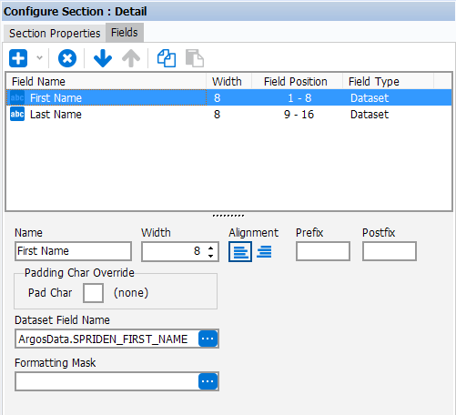 This image shows the Fields tab selected which contains options for adding fields, specifying the field name, width, alignment, prefix, postfix, padding, Formatting Mask and Dataset Field Name